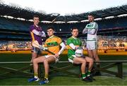 19 January 2023; Shane Cunningham of Kilmacud Crokes, left, with, from left to right, Ryan Elliott of Dunloy Cú Chullains, Connor Carville of Watty Graham’s Glen and Joey Holden of Ballyhale Shamrocks pictured today ahead of the AIB GAA All-Ireland Hurling and Football Senior Club Championship Finals, which takes place this Sunday, January 22nd at Croke Park at 1.30pm and 3.30pm respectively. The AIB GAA All-Ireland Club Championships features some of #TheToughest players from communities all across Ireland. It is these very communities that the players represent that make the AIB GAA All-Ireland Club Championships unique. Now in its 32nd year supporting the GAA Club Championships, AIB is extremely proud to once again celebrate the communities that play such a role in sustaining our national games. Photo by Ramsey Cardy/Sportsfile