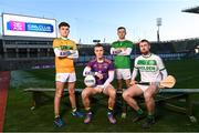 19 January 2023; Ryan Elliott of Dunloy Cú Chullains, left, with, from left to right, Shane Cunningham of Kilmacud Crokes, Connor Carville of Watty Graham’s Glen and Joey Holden of Ballyhale Shamrocks pictured today ahead of the AIB GAA All-Ireland Hurling and Football Senior Club Championship Finals, which takes place this Sunday, January 22nd at Croke Park at 1.30pm and 3.30pm respectively. The AIB GAA All-Ireland Club Championships features some of #TheToughest players from communities all across Ireland. It is these very communities that the players represent that make the AIB GAA All-Ireland Club Championships unique. Now in its 32nd year supporting the GAA Club Championships, AIB is extremely proud to once again celebrate the communities that play such a role in sustaining our national games. Photo by Ramsey Cardy/Sportsfile