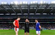 15 January 2023; Referee Barry Tiernan with team captains Mark Ryan of Rathmore and Aidan Carberry of Galbally Pearses before the AIB GAA Football All-Ireland Intermediate Championship Final match between Galbally Pearses of Tyrone and Rathmore of Kerry at Croke Park in Dublin. Photo by Piaras Ó Mídheach/Sportsfile