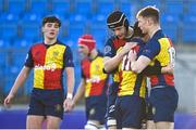 17 January 2023; Joshua Hansen of St Fintan's, 11, celebrates with teammates after scoring a try during the Bank of Ireland Vinnie Murray Cup Second Round match between St Fintan’s High School and St Mary’s, Drogheda at Energia Park in Dublin. Photo by Ben McShane/Sportsfile