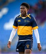 17 January 2023; Faizal Omotayo of The King's Hospital during the Bank of Ireland Vinnie Murray Cup Second Round match between CUS and The King’s Hospital at Energia Park in Dublin. Photo by Ben McShane/Sportsfile