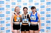 14 January 2023; U23 women's 1500m medallists, Kelly Breen of North East Runners AC, Louth, gold, Lauren Murphy of Cilles AC, Meath, silver, and Roisin O'Reilly of UCD AC, Dublin, bronze, during the 123.ie National Junior and U23 Indoor Athletics Championships at the National Indoor Arena in Dublin. Photo by Sam Barnes/Sportsfile