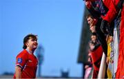 17 January 2023; Conal Lohan Kilrane of CUS celebrates with supporters after the Bank of Ireland Vinnie Murray Cup Second Round match between CUS and The King’s Hospital at Energia Park in Dublin. Photo by Ben McShane/Sportsfile