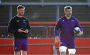 18 January 2023; Ben Healy, left, and Peter O'Mahony  during a Munster rugby squad training session at Thomond Park in Limerick. Photo by Brendan Moran/Sportsfile