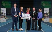 18 January 2023; Community Games and Sport Ireland Coaching today certified new tutors for their Coaching Children programme. Pictured are, from left, Community Games chief executive David Hoysted, Community Games training co-ordinator Aisling Joyce, Community Games training and development director Fiona Shannon Kelly, Community Games president Gerry McGuinness, and, Volunteer Ireland's Lucie Brocard, at the National Indoor Arena in Dublin. Photo by Seb Daly/Sportsfile