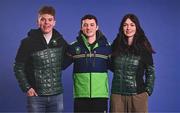 19 January 2023; Team Ireland’s Alpine Skiers Ethan Bouchard and Eábha McKenna with Olympian Rhys McClenaghan at the official team day for the European Youth Olympic Festival which takes place in Friuli Venezia Giulia, Italy, from the 21-28 January. The Olympic Federation of Ireland has two athletes competing in the multi-sport event that is run by the European Olympic Committees every two years. The EYOF replicates the senior Olympic Games with a focus on  providing valuable learning experience young athletes. Photo by Eóin Noonan/Sportsfile