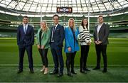 19 January 2023; RTÉ and Virgin Media Television launched details of its joint 2023 Guinness Six Nations coverage in the Aviva Stadium, bringing all of the action free-to-air for Irish sports fans. In attendance at the launch are, from left, Virgin Media analysts Rob Kearney and Fiona Hayes, with presenter Joe Molloy and RTÉ presenter Jacqui Hurley with analysts Hannah Tyrrell and Jamie Heaslip. Photo by Brendan Moran/Sportsfile