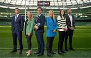 19 January 2023; RTÉ and Virgin Media Television launched details of its joint 2023 Guinness Six Nations coverage in the Aviva Stadium, bringing all of the action free-to-air for Irish sports fans. In attendance at the launch are, from left, Virgin Media analysts Rob Kearney and Fiona Hayes, with presenter Joe Molloy and RTÉ presenter Jacqui Hurley with analysts Hannah Tyrrell and Jamie Heaslip. Photo by Brendan Moran/Sportsfile