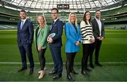 19 January 2023; RTÉ and Virgin Media Television launched details of its joint 2023 Guinness Six Nations coverage in the Aviva Stadium, bringing all of the action free-to-air for Irish sports fans. In attendance at the launch are, from left, Virgin Media analysts Rob Kearney and Fiona Hayes, with presenter Joe Molloy and RTÉ presenter Jacqui Hurley with analysts Hannah Tyrrell and Jamie Heaslip. Photo by Brendan Moran/Sportsfile