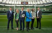 19 January 2023; RTÉ and Virgin Media Television launched details of its joint 2023 Guinness Six Nations coverage in the Aviva Stadium, bringing all of the action free-to-air for Irish sports fans. In attendance at the launch are, from left, Virgin Media analysts Rob Kearney and Fiona Hayes, with presenter Joe Molloy and RTÉ presenter Jacqui Hurley with analysts Hannah Tyrrell and Jamie Heaslip. Photo by Brendan Moran/Sportsfile