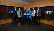 19 January 2023; RTÉ and Virgin Media Television launched details of its joint 2023 Guinness Six Nations coverage in the Aviva Stadium, bringing all of the action free-to-air for Irish sports fans. In attendance at the launch are, from left, Virgin Media analysts Rob Kearney and Fiona Hayes, with presenter Joe Molloy and RTÉ presenter Jacqui Hurley with analysts Hannah Tyrrell and Jamie Heaslip. Photo by Brendan Moran/Sportsfile