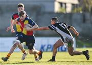 19 January 2023; Frank Quinn of St Fintan's High School is tackled by Mark Grufferty of Ardscoil na Tríonóide during the Bank of Ireland Fr Godfrey Cup Second Round match between St Fintan's High School and Ardscoil na Tríonóide at Old Belvedere RFC in Dublin. Photo by Harry Murphy/Sportsfile