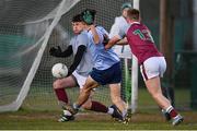 19 January 2023; University of Galway goalkeeper Conor Carroll saves a shot from UCD's Paddy O’Keane during the Electric Ireland Higher Education GAA Sigerson Cup Round 2 match between University College Dublin and University of Galway at Billings Park in Belfield, Dublin. Photo by Seb Daly/Sportsfile