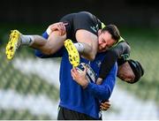 20 January 2023; James Ryan lifts up Luke McGrath during a Leinster Rugby captain's run at the Aviva Stadium in Dublin. Photo by Harry Murphy/Sportsfile