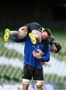 20 January 2023; James Ryan lifts up Luke McGrath during a Leinster Rugby captain's run at the Aviva Stadium in Dublin. Photo by Harry Murphy/Sportsfile