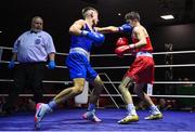 20 January 2023; Paul Loonam of St Carthages Boxing Club, Offaly, left, and Adam Hession of Monivea Boxing Club, Galway, during their featherweight 57kg semi-final bout at the IABA National Elite Boxing Championships semi-finals at the National Boxing Stadium in Dublin. Photo by Seb Daly/Sportsfile