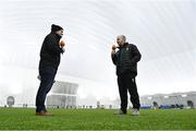 20 January 2023; Mayo manager Kevin McStay, right, is interviewed by Marcus Ó Buachalla of TG4 before the Connacht FBD League Final match between Mayo and Roscommon at NUI Galway Connacht GAA Air Dome in Bekan, Mayo. Photo by Piaras Ó Mídheach/Sportsfile