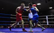 20 January 2023; Wayne Kelly of Ballynacargy Boxing Club, Westmeath, left, and Eugene McKeever of Holy Family Drogheda Boxing Club, Louth, during their welterweight 67kg semi-final bout at the IABA National Elite Boxing Championships semi-finals at the National Boxing Stadium in Dublin. Photo by Seb Daly/Sportsfile