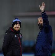20 January 2023; Dundalk head coach Stephen O'Donnell, left, and Finn Harps manager Dave Rogers during the pre-season friendly match between Dundalk and Finn Harps at Oriel Park in Dundalk, Louth. Photo by Ramsey Cardy/Sportsfile