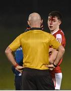 20 January 2023; Luke Fahy of Cork protests to referee referee Brian Fleming during the McGrath Cup Final match between Cork and Limerick at Mallow GAA Grounds in Mallow, Cork. Photo by Eóin Noonan/Sportsfile