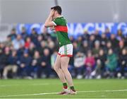 20 January 2023; Bob Tuohy of Mayo reacts after a missed goal chance during the Connacht FBD League Final match between Mayo and Roscommon at NUI Galway Connacht GAA Air Dome in Bekan, Mayo. Photo by Piaras Ó Mídheach/Sportsfile