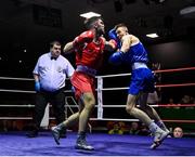 20 January 2023; Christopher O’Reilly of Holy Family Drogheda Boxing Club, Louth, left, and Gavin Rafferty of Dublin Docklands Boxing Club, Dublin, during their middleweight 75kg semi-final bout at the IABA National Elite Boxing Championships semi-finals at the National Boxing Stadium in Dublin. Photo by Seb Daly/Sportsfile