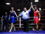 20 January 2023; Christopher O’Reilly of Holy Family Drogheda Boxing Club, Louth, right, is declared the winner after victory over Gavin Rafferty of Dublin Docklands Boxing Club, Dublin, during their middleweight 75kg semi-final bout at the IABA National Elite Boxing Championships semi-finals at the National Boxing Stadium in Dublin. Photo by Seb Daly/Sportsfile
