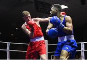20 January 2023; Brian Kennedy of St Mary’s Boxing Club, Dublin, left, and Keelyn Cassidy of Saviours Crystal Boxing Club, Waterford, during their light heavyweight 80kg semi-final bout at the IABA National Elite Boxing Championships semi-finals at the National Boxing Stadium in Dublin. Photo by Seb Daly/Sportsfile