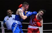 20 January 2023; Kane Tucker of Emerald ABC, Belfast, right, and Kyle Roche of St Michael's Boxing Club, Wexford, during their cruiserweight 86kg semi-final bout at the IABA National Elite Boxing Championships semi-finals at the National Boxing Stadium in Dublin. Photo by Seb Daly/Sportsfile