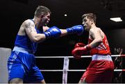 20 January 2023; Kane Tucker of Emerald ABC, Belfast, right, and Kyle Roche of St Michael's Boxing Club, Wexford, during their cruiserweight 86kg semi-final bout at the IABA National Elite Boxing Championships semi-finals at the National Boxing Stadium in Dublin. Photo by Seb Daly/Sportsfile