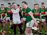 20 January 2023; Mayo captain Stephen Coen with the cup after his side's victory in the Connacht FBD League Final match between Mayo and Roscommon at NUI Galway Connacht GAA Air Dome in Bekan, Mayo. Photo by Piaras Ó Mídheach/Sportsfile