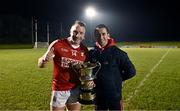20 January 2023; Cork captain Brian Hurley with Cork performance coach Rob Heffernan after their side's victory in the McGrath Cup Final match between Cork and Limerick at Mallow GAA Grounds in Mallow, Cork. Photo by Eóin Noonan/Sportsfile
