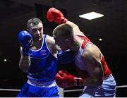 20 January 2023; Wayne Rafferty of Dublin Docklands Boxing Club, Dublin, left, and Jack Marley of Monkstown Boxing Club, Dublin, during their heavyweight 92kg semi-final bout at the IABA National Elite Boxing Championships semi-finals at the National Boxing Stadium in Dublin. Photo by Seb Daly/Sportsfile