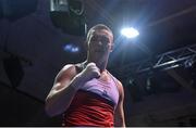 20 January 2023; Jack Marley of Monkstown Boxing Club, Dublin, celebrates after victory over Wayne Rafferty of Dublin Docklands Boxing Club, Dublin, during their heavyweight 92kg semi-final bout at the IABA National Elite Boxing Championships semi-finals at the National Boxing Stadium in Dublin. Photo by Seb Daly/Sportsfile