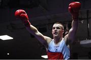 20 January 2023; Jack Marley of Monkstown Boxing Club, Dublin, celebrates after victory over Wayne Rafferty of Dublin Docklands Boxing Club, Dublin, during their heavyweight 92kg semi-final bout at the IABA National Elite Boxing Championships semi-finals at the National Boxing Stadium in Dublin. Photo by Seb Daly/Sportsfile