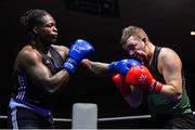 20 January 2023; William J McCartan of Gilford Boxing Club, Down, right, and Daniel Fakoyede of Westside Boxing Club, Dublin, during their super heavyweight 92+kg semi-final bout at the IABA National Elite Boxing Championships semi-finals at the National Boxing Stadium in Dublin. Photo by Seb Daly/Sportsfile