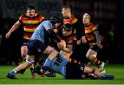 20 January 2023; Ruairi Clarke of Lansdowne is tackled by James Culhane, left, and Gus McCarthy of UCD during the Energia All-Ireland League Division 1A match between Lansdowne and UCD at Aviva Stadium in Dublin. Photo by Tyler Miller/Sportsfile