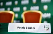 21 January 2023; A view of the seat assigned to Packie Bonner before the annual general meeting of the Football Association of Ireland at Clayton Hotel Liffey Valley in Dublin. Photo by Eóin Noonan/Sportsfile