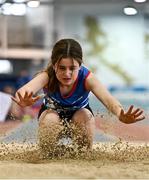21 January 2023; Ruth Hassey of Bree AC, Wexford, competes in the long jump event of the juvenile pentathlon during day one of the 123.ie National Indoor Combined Events at the TUS International arena in Athlone, Westmeath. Photo by Sam Barnes/Sportsfile
