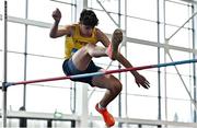 21 January 2023; Max Clover of Bandon AC, Cork, competes in the high jump event of the juvenile pentathlon during day one of the 123.ie National Indoor Combined Events at the TUS International arena in Athlone, Westmeath. Photo by Sam Barnes/Sportsfile