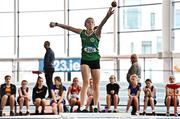 21 January 2023; Holly Helme of Cabinteely AC, Dublin, competes in the shot put event of the juvenile pentathlon during day one of the 123.ie National Indoor Combined Events at the TUS International arena in Athlone, Westmeath. Photo by Sam Barnes/Sportsfile