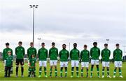 21 January 2023; The Republic of Ireland team stand for Amhrán na bhFiann before the International friendly match between Republic of Ireland U15's and Australia U16's at the FAI National Training Centre in Dublin. Photo by Ben McShane/Sportsfile