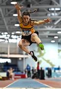 21 January 2023; Olive Burger of Leevale AC, Cork, competes in the long jump event of the juvenile pentathlon during day one of the 123.ie National Indoor Combined Events at the TUS International arena in Athlone, Westmeath. Photo by Sam Barnes/Sportsfile