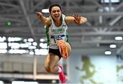 21 January 2023; Emma O'Donovan of Craughwell AC, Galway, competes in the long jump event of the juvenile pentathlon during day one of the 123.ie National Indoor Combined Events at the TUS International arena in Athlone, Westmeath. Photo by Sam Barnes/Sportsfile