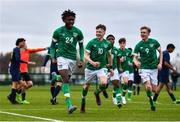 21 January 2023; Jaden Umeh of Republic of Ireland celebrates after scoring his side's first goal during the International friendly match between Republic of Ireland U15's and Australia U16's at the FAI National Training Centre in Dublin. Photo by Ben McShane/Sportsfile