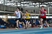 21 January 2023; Athletes, from left, Sean McCabe of Sligo AC, Eoin O'Callaghan of Bandon AC, Cork, and Michael Kent of DMP AC, Wexford, competes in the 60m event of the youth men's heptathlon during day one of the 123.ie National Indoor Combined Events at the TUS International arena in Athlone, Westmeath. Photo by Sam Barnes/Sportsfile