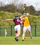 21 January 2023; Niall McKenna of Antrim in action against Joseph Cooney of Galway during the Walsh Cup Group 1 Round 3 match between Antrim and Galway  at Louth GAA Centre of Excellence in Darver, Louth. Photo by Stephen Marken/Sportsfile