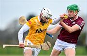 21 January 2023; Neil McManus of Antrim in action against Jack Fitzpatrick of Galway during the Walsh Cup Group 1 Round 3 match between Antrim and Galway  at Louth GAA Centre of Excellence in Darver, Louth. Photo by Stephen Marken/Sportsfile