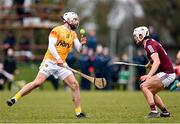 21 January 2023; Neil McManus of Antrim in action against Oisin Salmon of Galway during the Walsh Cup Group 1 Round 3 match between Antrim and Galway  at Louth GAA Centre of Excellence in Darver, Louth. Photo by Stephen Marken/Sportsfile