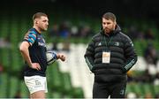 21 January 2023; Finn Russell of Racing 92 speaks with Leinster contact skills coach Sean O'Brien before the Heineken Champions Cup Pool A Round 4 match between Leinster and Racing 92 at Aviva Stadium in Dublin. Photo by Harry Murphy/Sportsfile